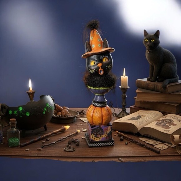Other - Vintage Retro Halloween Black Cat Paper Mache Figurine Seasonal Decoration